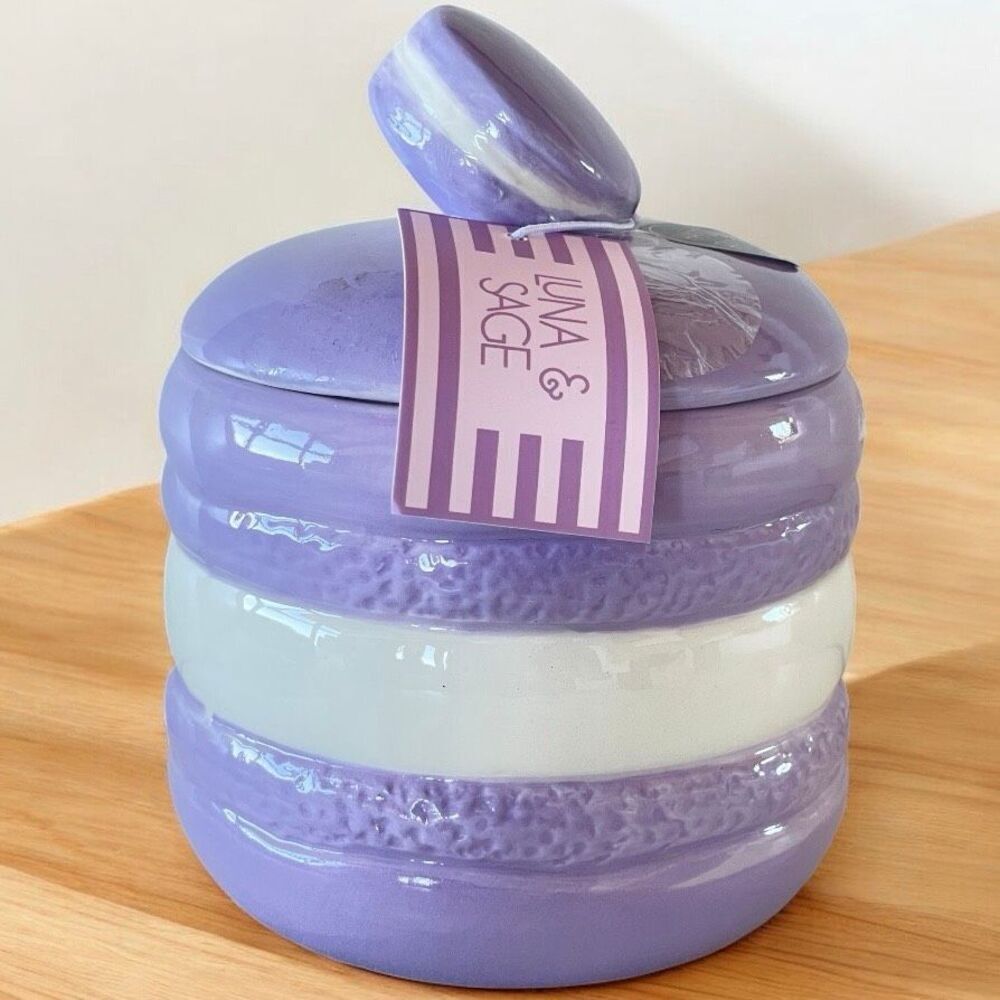 NWT LUNA & SAGE Gorgeous Macaron Lilac/White Glossy Ceramic 7”Canister Jar w Lid